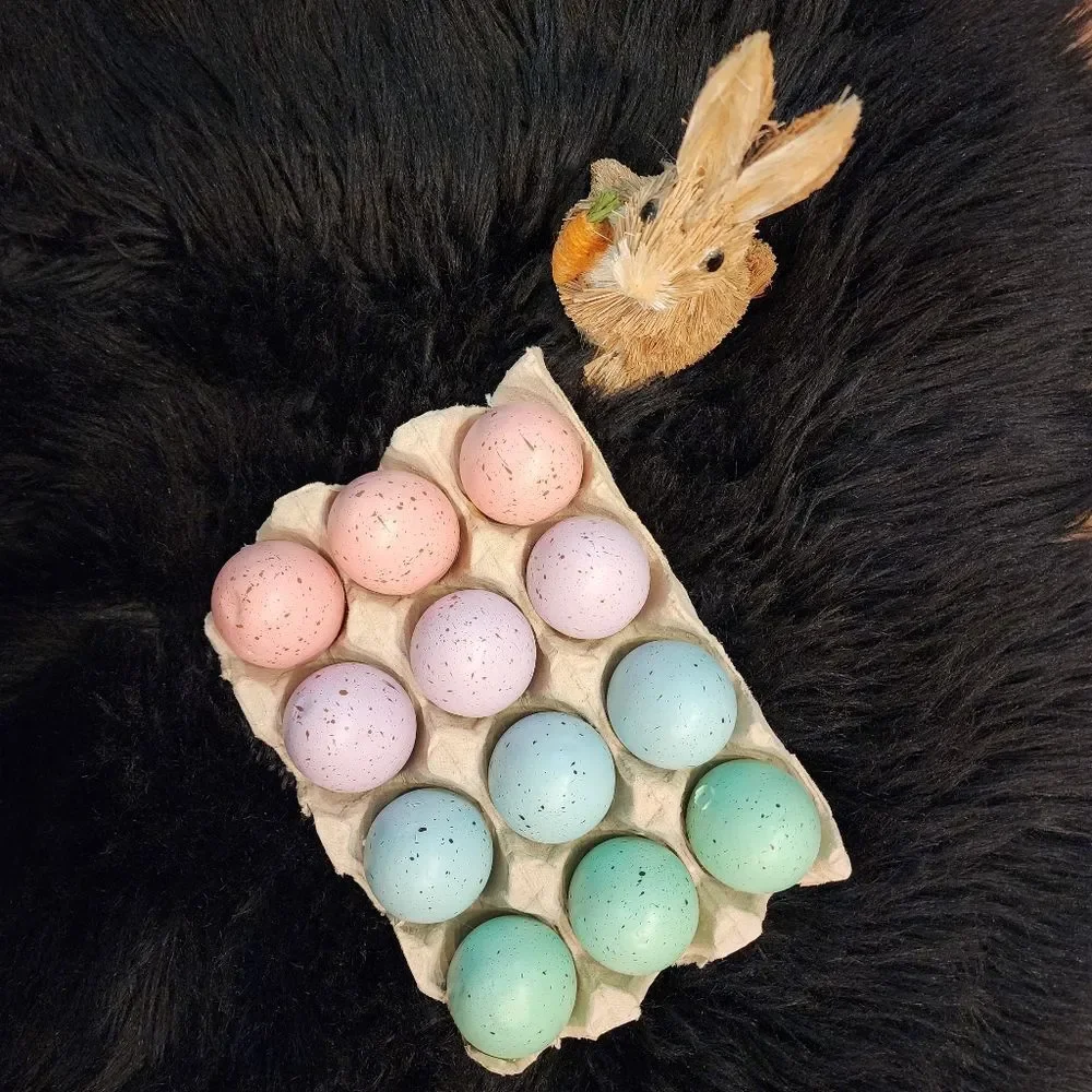 Speckled Dozen of Eggs With Carton Crate and Grass Bunny